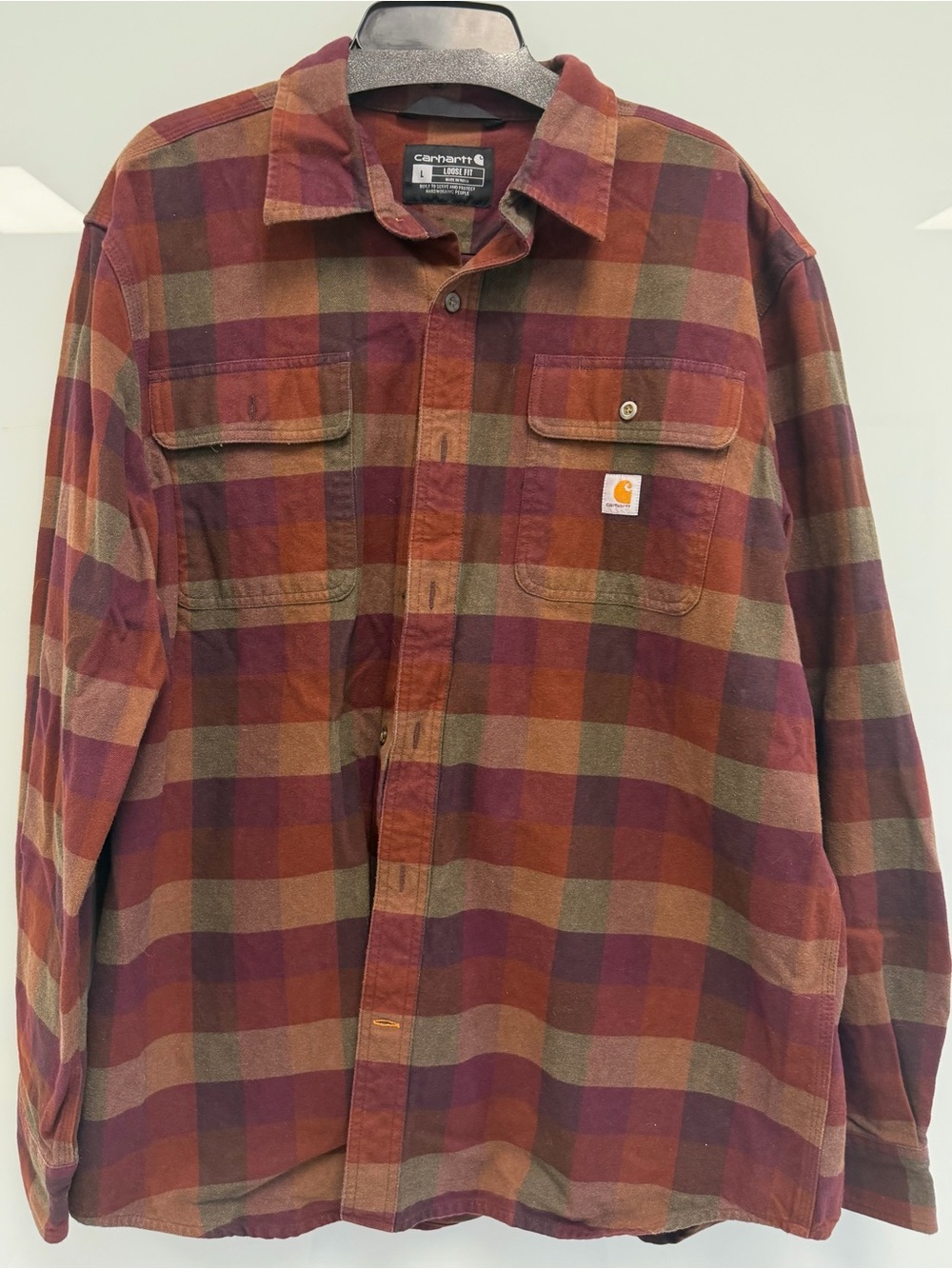 Carhartt Men's Red and Brown Plaid Button-Front Work Shirt